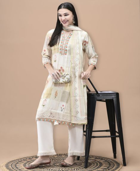 Shree Women Liva Cream Floral Print Kurta Comfort Pant Dupatta